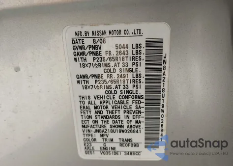 2009 Nissan Murano Sl z USA, uszkodzony, nr VIN JN8AZ18U19W026841